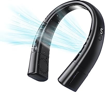 Neck Fan, Portable Neck Fan Rechargeable, Bladeless Fan with 5 Speeds, LED Display & Ice Tiles, Wearable Hands-Free Personal Hanging Fan for Men & Women, Travel, Office, Home (Black)
