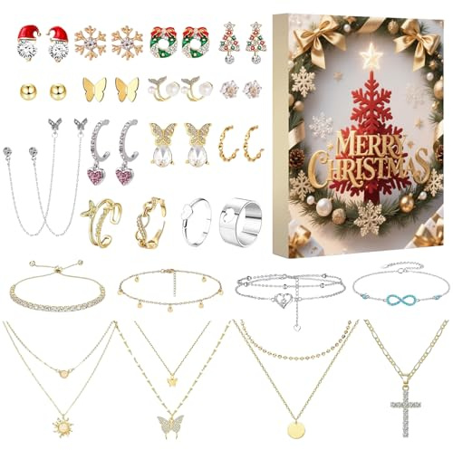 Weihnachtlicher Kalender Damen Ohrringe Armbänder Und Anhänger Schmuck | 25-tägiges Weihnachts-Ohrringe- und Halsketten-Set für diverse Feiertage und saisonale Anlässe: Halloween, Erntedankfest, O