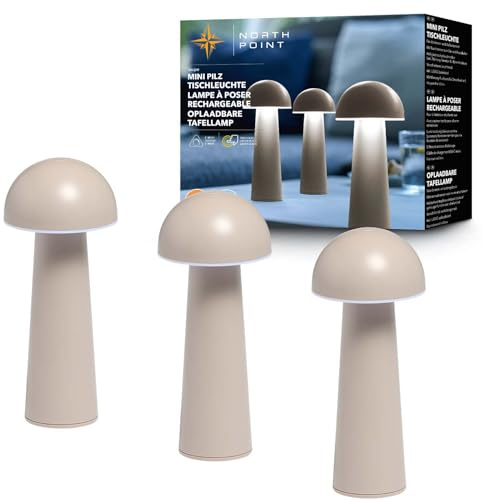 Northpoint Moderne LED Akku Tischleuchte in Pilzform im 3er-Set für den Innen- und Außenbereich stufenlos dimmbar USB-Ladung CCT Farbwechsel (beige, Pilzform)