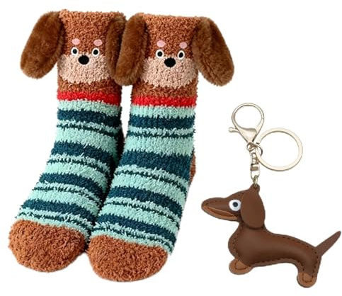 MOAZIFI 2 Stück Dackel Geschenke: Schlüsselanhänger & Socken, Süße Welpen Hundetasche Anhänger aus Leder, Glücksbringer für Tierliebhaber, Lustige Geschenke für Alltagsleben