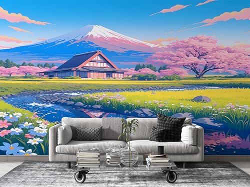 FamHarbor Mount Fuji Wallpaper Japanese Style Photo Wallpaper Non-Woven Wall Mural Covering for Bedroom Living Room Hallway TV Background Wall Decor 100cm x 70cm (WxH) Green -Ac8