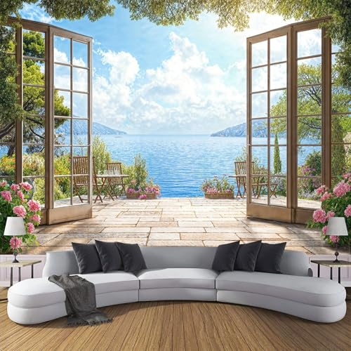 Fototapete Schlafzimmer Meerblick Türen Fenster Blumen Pflanzen 3D Druck Vliestapete, 352x250cm (B×H) Wandtapete Wandbilder, für Wohnzimmer, Kinderzimmer, TV Hintergrund Blaugrün Tapete