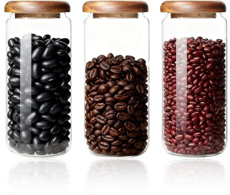 CZCMYAU Set of 3 Vorratsdosen mit Deckel Luftdicht, 900 ml Glasbehälter mit Deckel, Borosilikatglas Vorratsgläser mit Akazienholzdeckel für Getreide, Zucker, Honig, Kaffeebohnen – Küchen Organizer