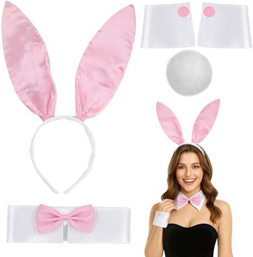 MUNSKT Costume de Lapin Set,Bandeau d'Oreille de Lapin Nœud Papillon Gants Manchettes Queue,Ensemble Déguisement de Lapin Halloween Noël Pâques Noël Cosplay Fetes