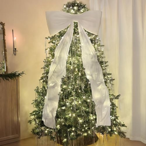 Samt Große Weihnachtsbaum Schleife,50x180cm, Weihnachtsdeko für Baum, Girlande oder Festtisch Schleifendeko (Weiß)