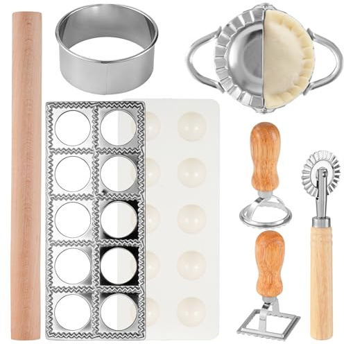 7 Pcs Ravioli Maker Set Including Pasta Cutter with Roller Wheel Ravioli Stamp Rolling Pin Pasta Maker Tools for Home Kitchen and Restaurant