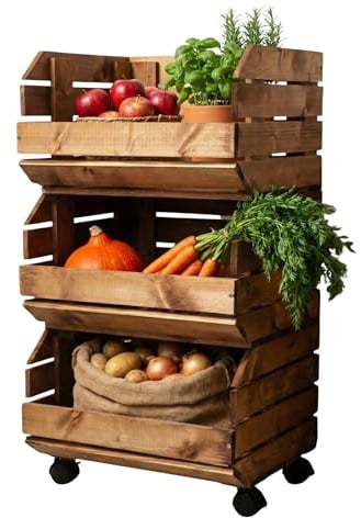 GoodFreshDecor Stapelkisten Set Gemüseregal Mit Rollen 3 Holzkisten Regal Obsthorde Kartoffelkiste Braun Mit Montageanleitung