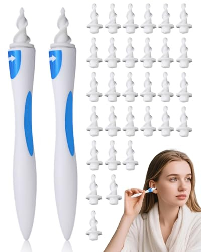 DAFNE 2Pcs Eliminateur de cire d'oreille,nettoyage oreille, kit de nettoyage d'oreille en silicone à spirale à 360 degrés avec 32 têtes de remplacement lavables, adapté aux enfants et aux personnes