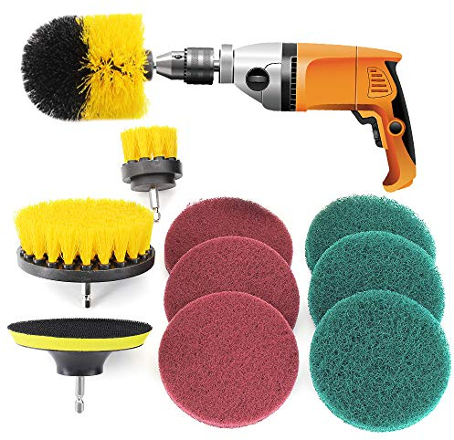 Gearific Drill Cleaning Brush Attachment Kit - 3 Piece Drill Brush + 7 Piece Scouring Pads Cleaning Set for Cleaning Tubs Bathrooms Kitchen Tile Grout Carpet Tires