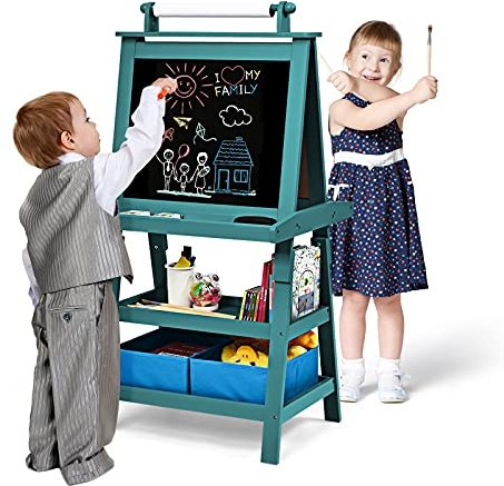 GOPLUS 3 in 1 Standtafel für Kinder, Magnetisches Whiteboard & Kreidetafel, Doppelseitiger Staffelei mit Aufbewahrungsbox, Maltafel, Schreibtafel, Kindertafel Ink. Malpapier und Magneten (Blau)