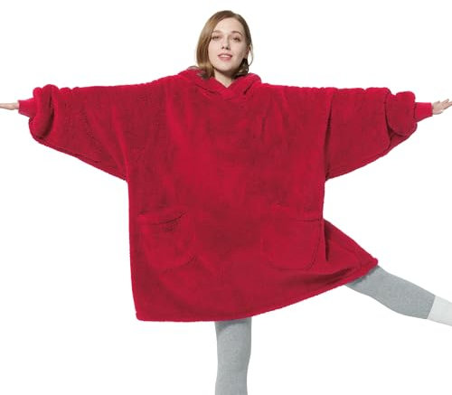 BEDSURE Hoodie Decke mit Ärmeln - Kuschelpullover als Geschenke für Frauen - Tragbare Decke zum Anziehen Erwachsene Kuscheldecke mit Ärmeln Weich Warm Geschenke für Freundin Mütter, Rot 95x85 cm
