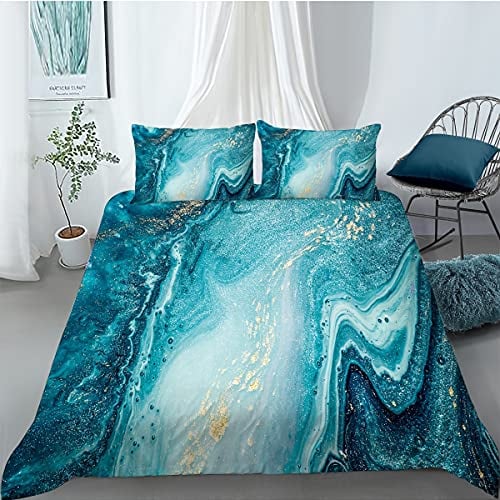 HOMHOMHA Double Bed Duvet Cover Set Duvet And Pillow Set Teal Blue Marble Double Bed Bedding Sets Quilt Cover Set Luxury Bedding Set Teal Microfibre Double Quilt And Pillows Set Non Iron