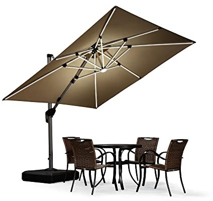 PURPLE LEAF Sonnenschirm mit LED Solar Beleuchtung Ampelschirm 270 x 270 cm Marktschirm Groß 360°Rotation, Gartenschirm mit Kurbel, Balkonschirm XXL, Sonnenschutz UV50+, Beige