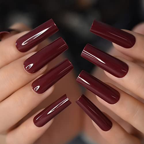 Burgundy Red Solid Color Press On Nails Extra Long Square Fake Nails Glossy Full Cover Acrylic Woman Prom Party 24 pcs/kit
