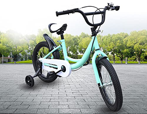Bicicletta per bambini con stabilizzatori in acciaio al carbonio da 16 inch, adatta per bici ammortizzatori, adatta per mountain bike da 5 a 8 anni, per ragazzi e ragazze, sedile regolabile (verde)