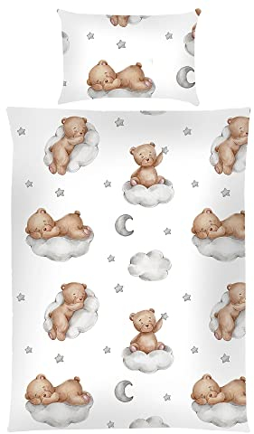 Kinder Bettwäsche 2-TLG (100x135cm / 40x60cm) Bettdecken Set, 100% Baumwolle - Babybettwäsche mit Motiv - Bärchen Wolke