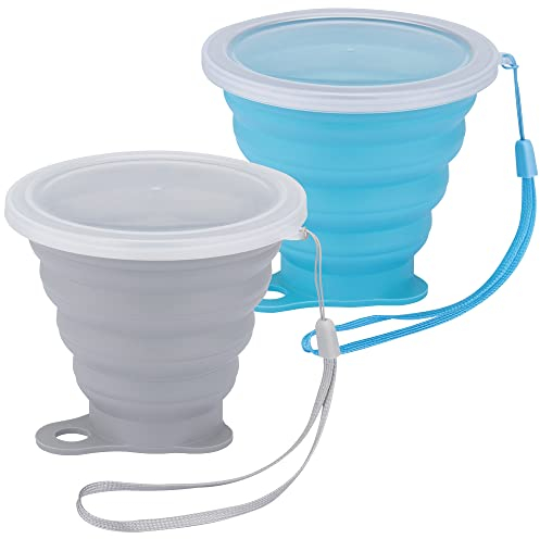 Faltbecher Silikon mit Deckel Wiederverwendbares Faltbarer Becher Outdoor Camping Klappbecher für Wandern/Picknick/Reisen (Grau+Blau)