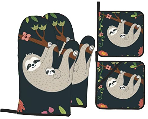 EVANEM Ofenhandschuhe und Topflappen 4er Set BBQ Handschuhe Cartoon Tier rutschfeste Ofenhandschuhe Hochhitzebeständige Kochhandschuhe für Küche Backen Kochen Unisex Einheitsgröße