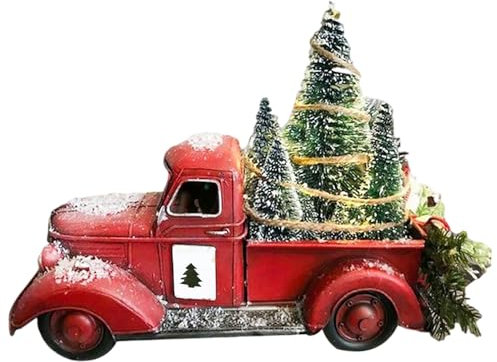Jorzer Decoración navideña de camión Rojo Camión Vintage con árbol de Navidad Iluminado Decoración de camión Rojo Vintage Decoraciones LED para árboles de Navidad para centros de Mesa