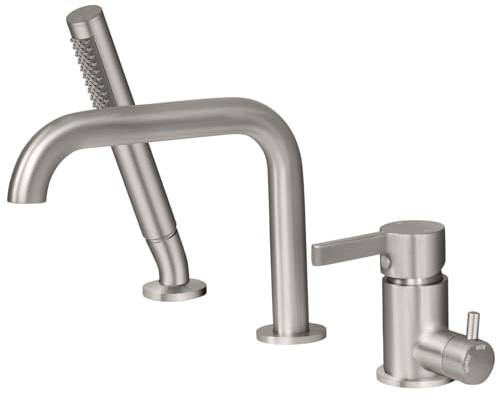 SHANFO 3 Loch Wannenrandarmatur, 3 Loch Badewannenarmatur mit 360°Drehbar Auslauf, Einzelgriff Wannenarmatur mit Handbrause, 3 Loch Armatur für Badewanne, Gebürstet, 11Y2OK