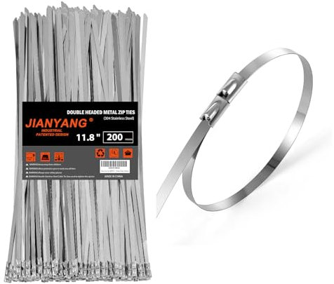 Metal Zip Ties (200PCS 11.8 Inch), 304 Stainless Steel, 300 LBS Tensile Strength Heavy Duty Self-locking Cable Ties, for Exhaust Wrap, Chain Link Fence Parts, Wire Fence Rolls, Poultry Fence Outdoor.