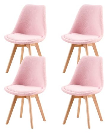 H.J WeDoo 4er Set Nordic Lamm Plüsch Esszimmerstuhl,Küchenstuhl mit Massiven Buchenstuhl Beinen und Lammwolle Kissen,Geeignet für Casual Stühle in Büros,Küchen und Räumen,Rosa
