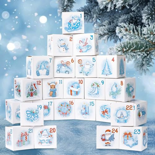 BETESSIN Adventskalender zum Befüllen Boxen - 24 Adventskalender Boxen 7x7x7cm - Weihnachtskalender zum Befüllen - Kleine Schachteln für Adventskalender Selber Befüllen (Weiß-Blau)