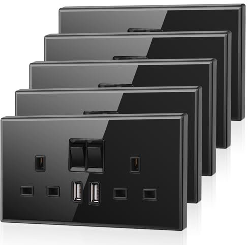 5 Pack CNBINGO Glass Double Switched Power Socket with 2 USB-A Charging Ports (2.1A Output), Electric Power Sockets 2 Gang 13 Amp, Black Double Wall Outlet with Tempered Glass Panel