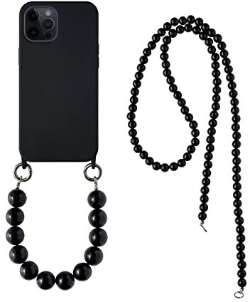 FORLUZ Crossbody Lanyard Necklace Phone Case For iPhone 15 14 11 12 Pro Max 13 Mini 7 8 Plus X XR XS Back Round Beads Chain Cover,Black,For iPhone 12 Mini