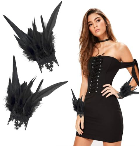 Cadimus Damen Feder Manschetten,Damen Schwarz Feder Handgelenkmanschetten,Gotische Federmanschette,Frauen Federschlagarmbänder,Geeignet für Hochzeit, Halloween, Karnevalsparty-Dekoration