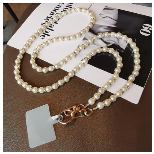 Hrlace Handy Lanyard Pearl Phone Lanyard Universal Perlen Handykette Telefon Lanyard zum Umhängen Crossbody Handyband Pearl Telefonen Lanyard mit Tether Patches für die meisten Handys Gold 1 Stück