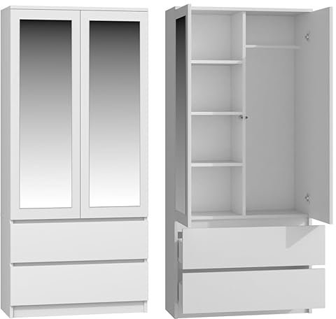 BDW Kleiderschrank mit Spiegel, 90x180x50 cm, 2 Schubladen, 4 Regale | Ideal für EIN Schlafzimmer, Flur, Kinderzimmer oder Büro | Kleiderständer, Garderobenständer (Weiß)