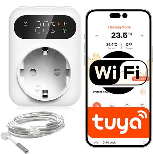 Sone Smart One WLAN Thermostat Steckdose 16A Tuya mit Temperaturfühler | heizen kühlen, 3680w, hysterese, kalibrierung, ip67 sensor, innenbereich