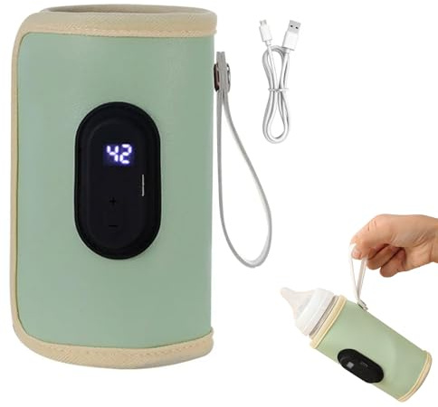 Portable Baby Bottle Warmer Bag with LCD Display, Portable Cartoon Milk Bottle Travel Heater Heating, Adjustable USB Baby Bottle Heater, Milk Bottle Heating Bag for Home Outdoors Travel (Green)