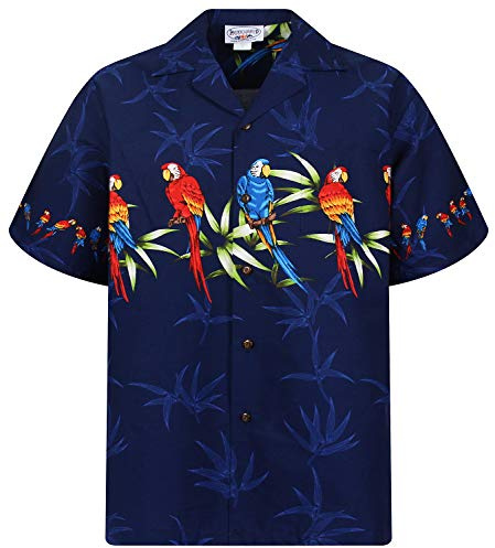 Pacific Legend Original Hawaiihemd, Kurzarm, Papagei Brustdruck, Blau, L