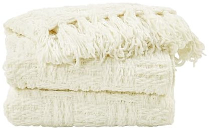 Home Soft Things Cable Knitted Throw Blankets 50'' x 60, White, Soft Cozy Fluffy Decorative Throw with Tassels Couch Bed Sofa Cover Throw Blankets