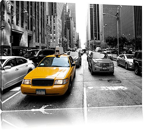 Pixxprint Gelbes Taxi in New York B&W, Größe: 100x70cm, Leinwandbild, fertig gespannt, Wandbild, Dekoration, Kunstdruck, kein Poster