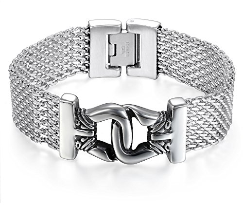 JewelryWe Schmuck Herren Armband Edelstahl Biker Retro Handschelle Mesh Kette Armreif Armkette Geschenk Silber