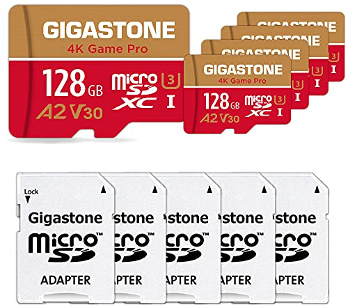 [5 Años Recuperación de Datos Gratis] Gigastone Tarjeta de Memoria 128 GB Paquete de 5, 4K Game Pro, para GoPro Drone Switch, Velocidad de 100 MB/s. A2 U3 V30 Tarjeta Micro SDXC con Adaptador SD.
