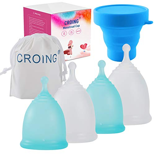 CROING 𝙈𝙚𝙣𝙨𝙩𝙧𝙪𝙖𝙡 𝘾𝙪𝙥 4 pcs Menstrual Cups with 1 pc Silicone Cup and 1 pc Storage Bag,Menstrual Cup Holder, Storing Period Cup (Blue and White)