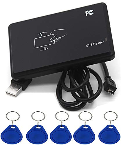 Amao Lector de Tarjetas IC RFID 14443A Non-Contact 14443A con Interfaz USB + 5 x 13,56 MHz T5577 / EM4305 Key Fobs