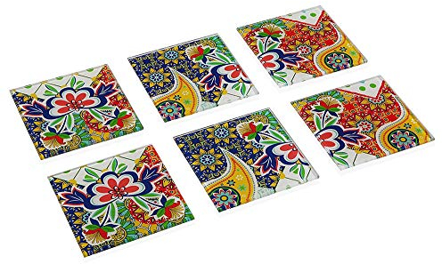 Vetrineinrete® Set 6 sotto bicchieri in vetro da tavola quadrati con decorazione floreale 10x10 cm