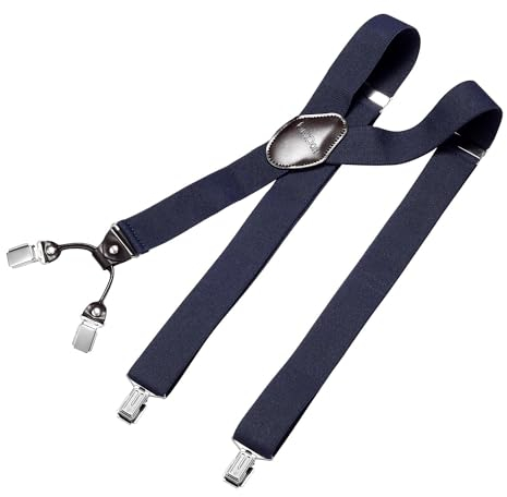 DonDon Hosenträger Herren extra stark navy-blau 3,5 cm Hosenträger Herren breit mit brauem Leder in Y-Form lang - Starke Clips passend für Anzug Jeans Chinos Vintage Rockabilly Suspenders