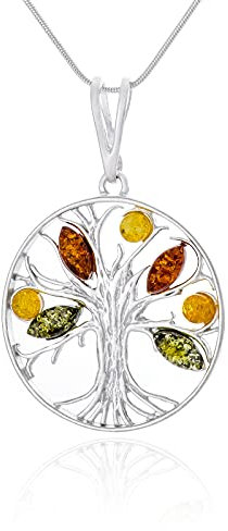AMBEDORA Collier pour femme en argent 925 brillant pendentif en ambre baltique coloré arbre de vie celtique sur une chaîne de tissage de serpent prêt à l'emploi pour un cadeau