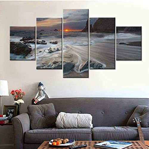 Canvas Wall Art 5 Piece Mural Oil Painting Pictures Water Stream Beach Art Print Images Modern Home Decoration Wallpaper Framed 125X60Cm