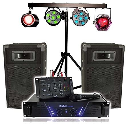 gef-roy Kit de sonorisation IBIZA DJ-300, complet avec 2 enceintes, amplificateur, table de mixage, Portique Lumières DJ, Câbles