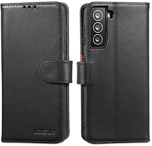 LENSUN Lederhülle für Samsung Galaxy S21, Echtleder Handyhülle [Echtes Leder] [Magnetverschluss] [RFID Schutz] Handytasche Hülle für Samsung Galaxy S21 5G - Schwarz