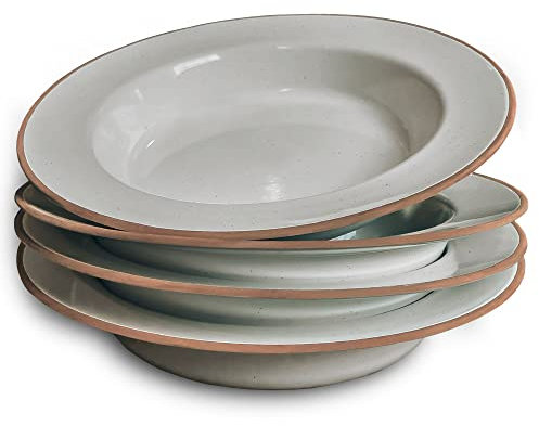 Mora Ceramic Wide Rimmed Soup Bowl Set of 4, For Pasta, Italian, Spaghetti, Dipping Bread, Fancy Dinner etc. Large Plate/Bowls Hybrid For Everyday & Restaurant Use, Large Flat Rim - Earl Grey