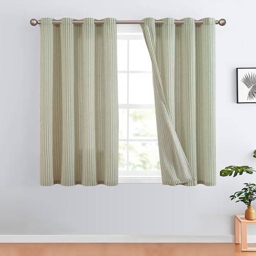 TOPICK Leinen Vorhänge Gestreifte Gardinen mit Ösen Modern Beige Leinenoptik Vorhang Wohnzimmer Privarsphäre Gardine Lichtfilterung Ösenschal mit Streifen Muster 2er Set H175xB130cm Grün auf Beige