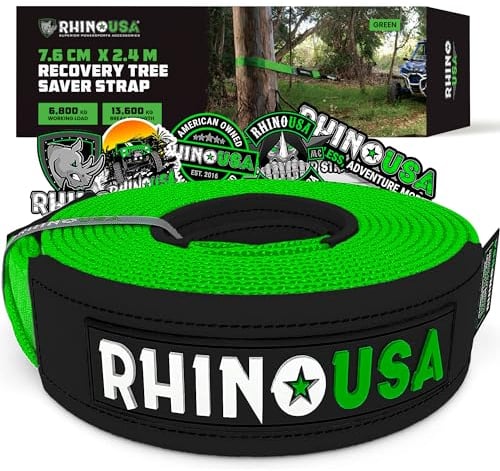 Rhino USA Cuerda de Remolque y Recuperación - Correa para Remolcar Desde Árbol 7.6 cm x 2.4 m - con Resistencia a Rotura de 13,600 kg - Extremos en Bucle Triple Refuerzo - Verde